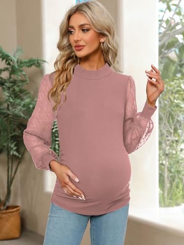 FMEYOA Women's Maternity Shirt Long Sleeve Top Mock Neck Blouse - color: Pink, size: Medium