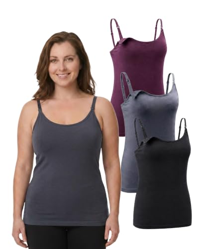 Under Control 3 Pack Maternity Nursing Tops & Tees Breastfeeding Tanks Top Camis with Support Bra - color: Black/Dark Grey/Burgendy, size: Large