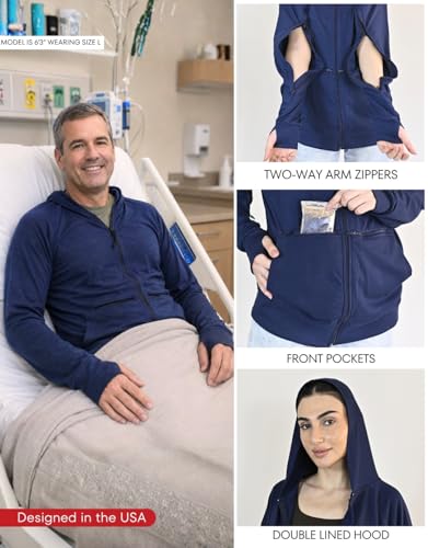 Inspired Comforts Unisex Dialysis & IV Access Hoodie – Dual Arm Zippers, Thumbhole Sleeves & Pockets - color: Navy, size: Small