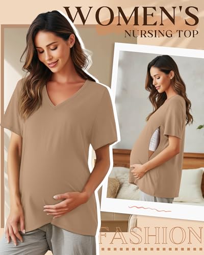 Women's Nursing Breastfeeding Shirts - color: Khaki, size: Medium