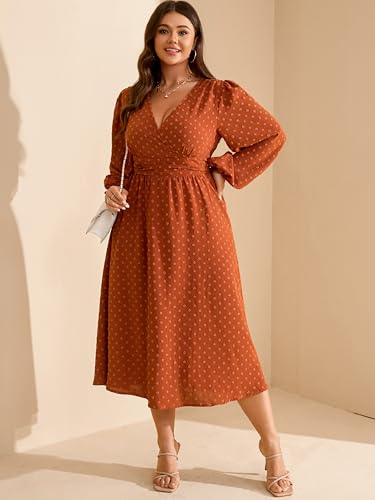 RWJ Women's Plus Size Fall Wedding Guest Dress V Neck Swiss Dot Long Sleeve - color: Burnt Orange, size: 3X-Large Plus