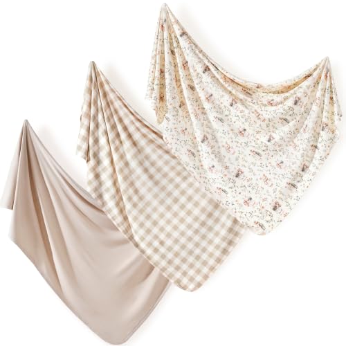 GRSSDER 3-Pack Ultra Soft Stretchy Jersey Knit Baby Swaddle Blankets, 33x44 - color: Bloom Bun & Gingham Check & Beige