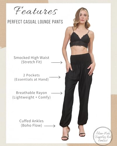 Boho Pants 2-Pocket Flowy Harem Pants Women for Yoga Travel Hippie Clothes - color: Solid Black, size: Medium