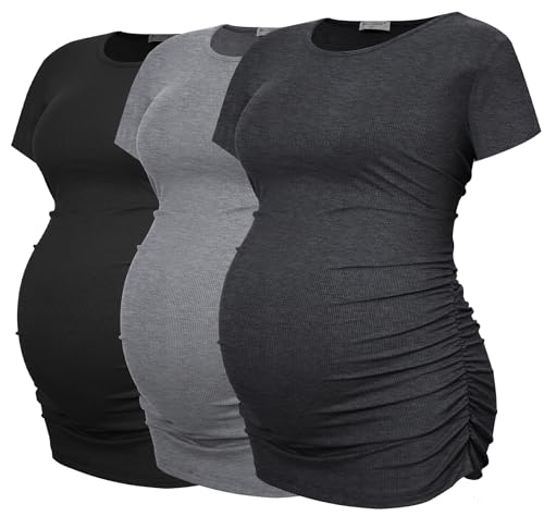 Smallshow Women's Ribbed Ruched Maternity Shirts 3 Packs - color: Black-deep Grey-light Grey(3 Pack), size: Large