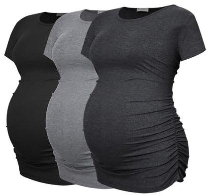 Smallshow Women's Ribbed Ruched Maternity Shirts 3 Packs - color: Black-deep Grey-light Grey(3 Pack), size: XX-Large
