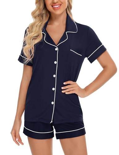 Anjue Womens Pajamas Set Short Sleeve Button Down Soft Pj Sets S-XXL - color: A 1navyblue-p, size: Small