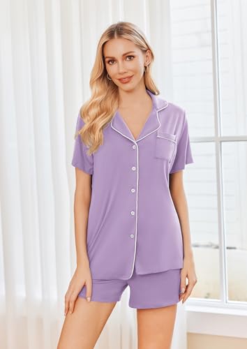 Ekouaer Womens Pajamas Set 2 Pack Button Down Summer Short Sleeve Pjs S-XXL - color: Lilac/Pink, size: Large