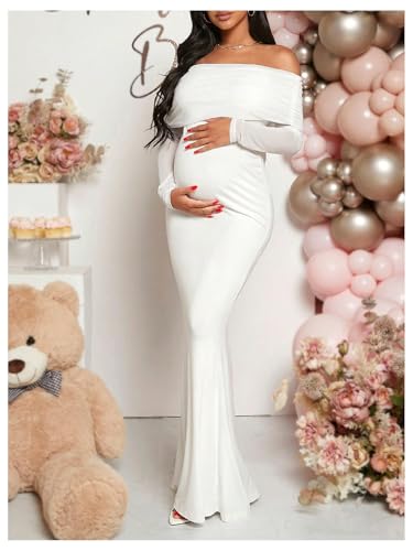 MakeMeChic Women's Maternity Dresses Off The Shoulder Ruched Long Sleeve Pregnancy Maxi Dresses
