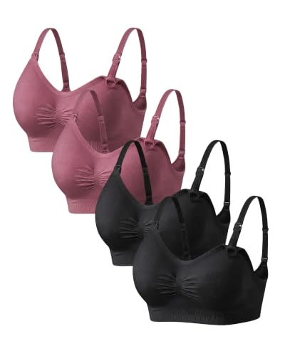 Under Control Nursing Bra 4-Pack - Wireless Maternity & Sleep Bra with Removable Pads - Comfortable Breastfeeding Bra (S-2XL) - color: Black/Coco/Black/Burg Mist, size: Large