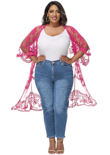 Anna-Kaci Women's Plus Size Lace Cardigan Embroidered Long Kimono Dusters with Half Sleeves - color: Rose, size: X-Large-XX-Large