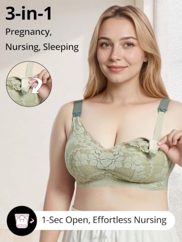Lace Nursing Bras for Breastfeeding, Plus Size Maternity Sleep Bra, Mulberry Silk Liner Pregnancy Bra Wirefree Bralette - color: Green, size: Medium