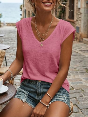 Langwyqu Womens' Cap Sleeve Tees Casual Loose Fit Basic Shirts Tank Tops - color: 00- Brick Red, size: Small