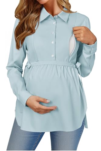 OUGES Women's Maternity Nursing Shirts Long Sleeve Hidden Zippers Pregnancy Blouse Button Down Work Office Tops 2025 - color: Gray Green, size: XX-Large