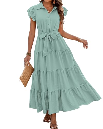 dowerme Women Ruffle Sleeve Button Belted Boho Maxi Dress - color: Mint Green, size: Medium