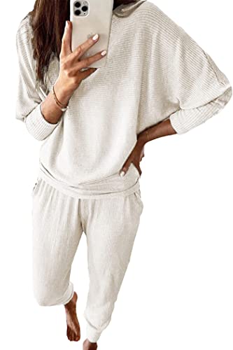 PRETTYGARDEN Women's 2 Piece Fall Outfits Matching Ribbed Knit Lounge Sets - color: White, size: Medium