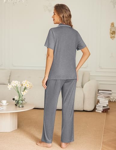 Ekouaer Womens Pajama Sets Button Down Lounge Sets 2 Piece Short Sleeve Pjs - color: Grey, size: XX-Large