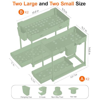 Sevenblue 4-Pack 2-Tier Under Sink Organizer with Pull Out Drawers - color: Green, size: 14.8 Inch