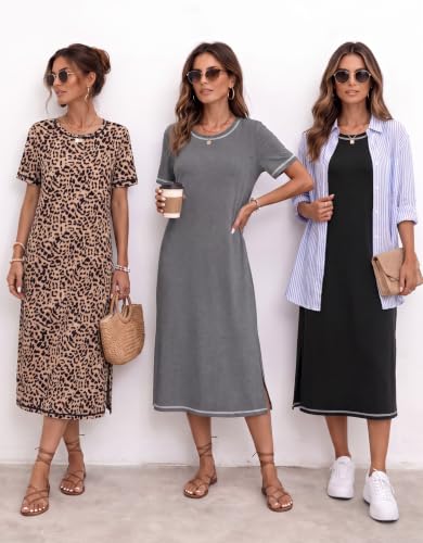 Ekouaer 3 Pack Long Nightgowns for Women Split Hem Sleepshirt - color: Black/Grey/Leopard, size: Medium