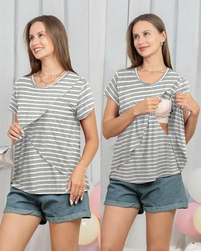 Rnxrbb 3 Pack Nursing Tops for Women Maternity Breastfeeding Shirts - color: Gray Stripe&light Blue&l Green, size: Medium