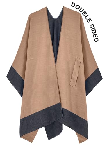 Moss Rose Women Shawl Wrap Poncho Open Front Cardigan Shawl for Fall Winter - color: Grey+camel 2, size: One Size