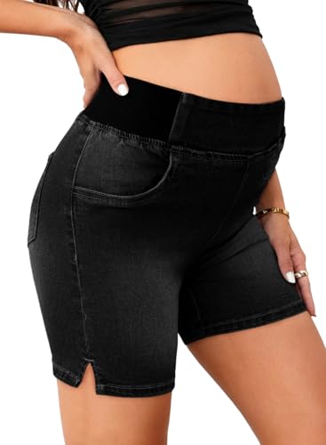 BLENCOT Maternity Jeans Shorts Elastic Waist Stretchy Denim Shorts - color: Black, size: X-Large