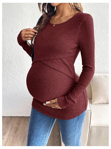 MakeMeChic Women's Maternity Shirts Nursing Top Fall Maternity Clothes - color: Burgundy, size: Small