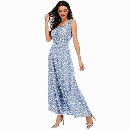 Women's 2026 Summer Boho Floral Print Tiered Casual Flowy Long Maxi Dress - color: Blue, size: Small