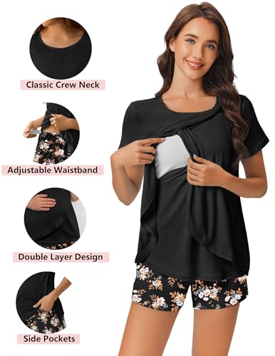 Ekouaer 3 PCS Maternity Nursing Pajamas Set Postpartum Breastfeeding PJS - color: Black Print, size: Small