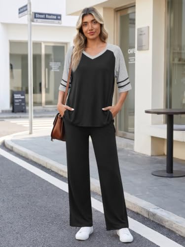 Anyhold Lounge Sets for Women Fall Pajamas Set 2 Piece Outfits - color: Black, size: Small