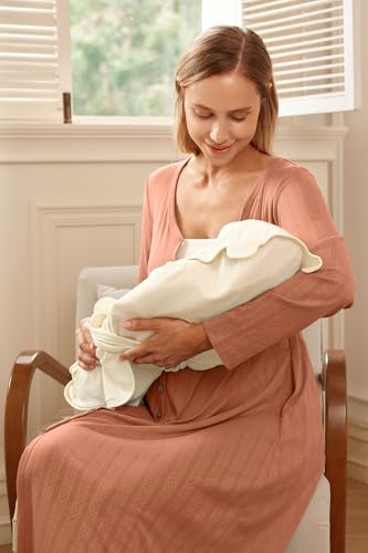 OUGES Cotton Blend Maternity Pajamas Nightgown Button Down Nursing Gown Labor Delivery Breastfeeding Dress with Pockets - color: Brick Red, size: Medium