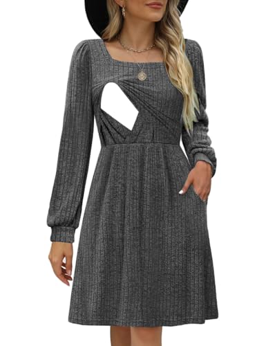 CzzzyL Womens Nursing Fall Dresses Square Neck Knit Sweater with Pockets - color: Blackgrey, size: X-Large