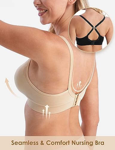 HOFISH Maternity Nursing Bras for Breastfeeding, 3 Pack Pregnancy Deep V Neck Wireless Bra with Extenders & Clips - color: 3pcs/Pack(push Up:beige), size: X-Large