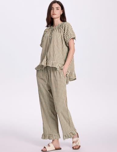 COZYPOIN 100% Cotton Pajamas for Women Set Cute Gingham Lounge Set - color: Brown, size: Small