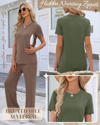 Ficerd 2 Pack Maternity Nursing Pajama Breastfeeding Sets Pjs - color: Army Green, Coffee, size: X-Large