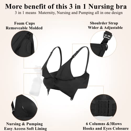 4HOW Pumping Bra Hands Free Nursing Pumping Bra All in One Wireless Padded Maternity Bralette for Large Bust - color: Black, size: Large