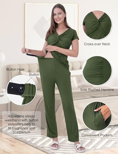 3-Piece Maternity Nursing Pajamas Set for Pregnancy & Postpartum - color: Army Green, size: XX-Large