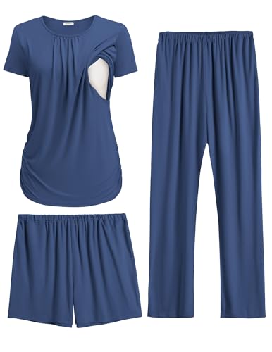 Ekouaer Maternity Nursing Pajamas Set 3 Piece Postpartum Breastfeeding Pjs - color: Navy Blue, size: Medium