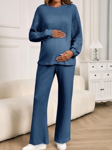 Yousify Womens Maternity Pajamas Sets 2 Piece Outfits Ribbed Knit Lounge Set - color: Navy, size: Medium