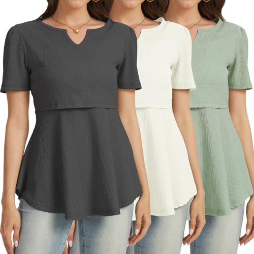 Bearsland Short Sleeve Nursing Top 3pack - color: Iron Gray & Beige & Light Green, size: X-Large