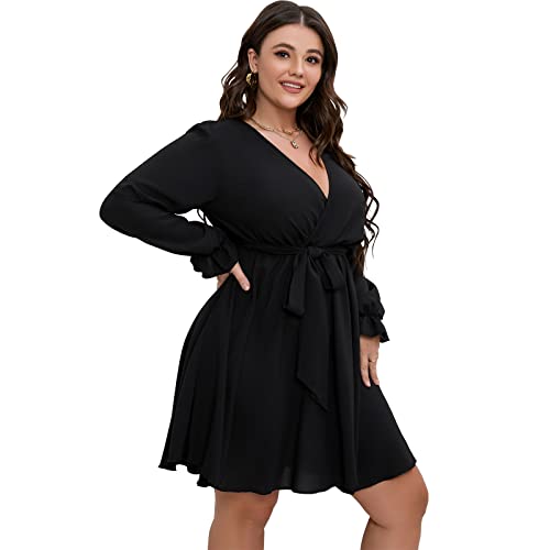 SCOMCHIC Women's Plus Size Long Sleeve Wrap V Neck A Line Mini Dress - color: Black, size: 4X-Large Plus
