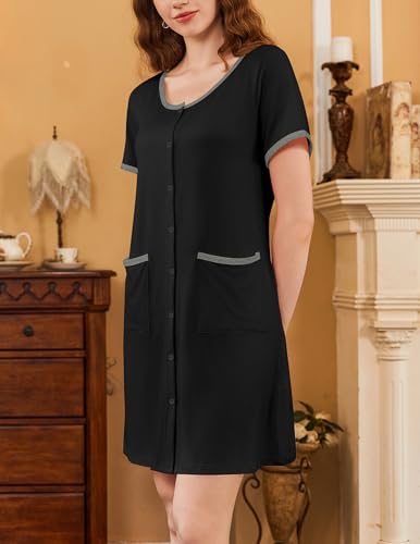 Ekouaer 2 Pack Nightgowns for Women Button Down Houese Dress with Pockets - color: Black/Grey Stars, size: Small