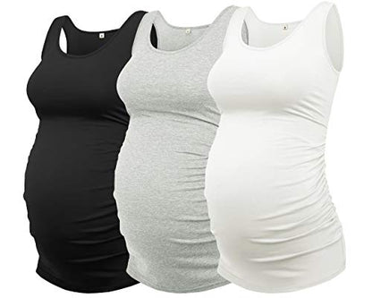 AMPOSH Womens Maternity Tank Tops 3 Pack Cotton Sleeveless Ruched Side Pregnancy Postpartum Shirts Soft Stretch Basic Top - color: 33 Black/Gray/White, size: Medium