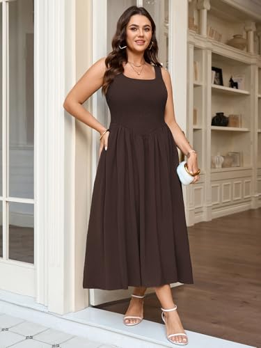 SCOMCHIC Women's Plus Size Summer Tank Dress Sleeveless Smocked A Line Flowy Maxi Dresses - color: Brown, size: XX-Large Plus