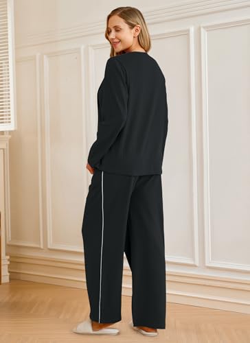 OUGES 100% Cotton Women's Maternity Nursing Pajamas Sets Button Down Breastfeeding Loungewear Top & Pants with Pockets - color: Black, size: XX-Large