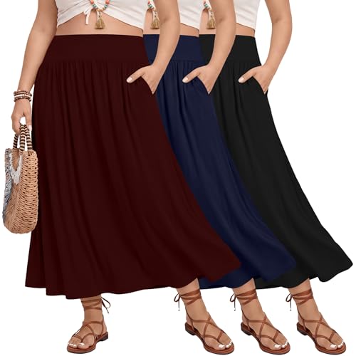 3 Pack Women's Plus Size Maxi Skirts - color: Black, Navy Blue, Burgundy, size: 3X-Large