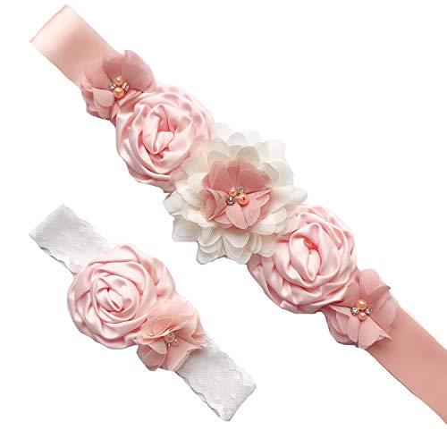 Lauthen.S Maternity Flower Sash Belt Headband Set, Women Girls Wedding Baby Shower Sash - color: Peach