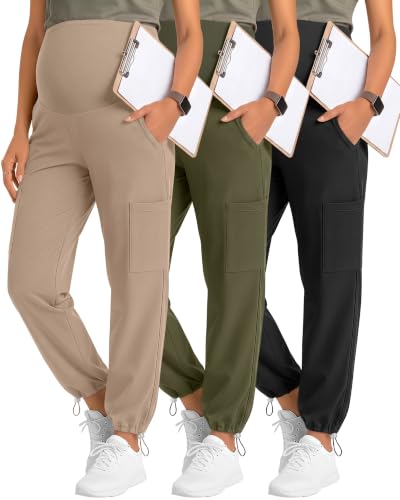 Locoowai 3 Pack Women's Maternity Jogger Scrub Pants with Pocket - color: Black, Army Green, Khaki, size: Large