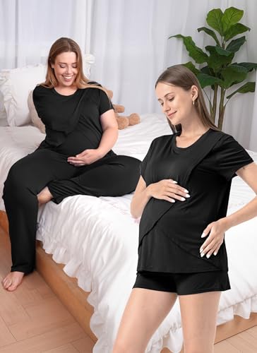 Rnxrbb 3 Piece Postpartum Nursing Pajamas Set Maternity Breastfeeding Pjs - color: Black, size: X-Large