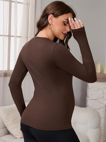 Women Maternity Stretchy Fitted Crew Neck Long Workout Tops - color: Brown, size: X-Large