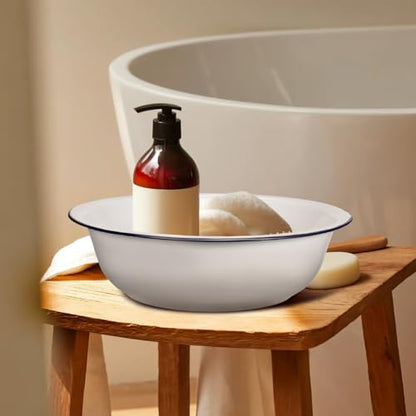 Vintage Enamel Basin, Metal Foot Soaking Tub with Blue Rim